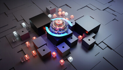 Wall Mural - Electronic circuit board close up, computer chip, mother board with neon lights, 3D rendering 