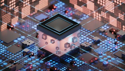 Wall Mural - Electronic circuit board close up, computer chip, mother board with neon lights, 3D rendering 