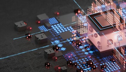 Wall Mural - Electronic circuit board close up, computer chip, mother board with neon lights, 3D rendering 