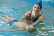 © ninelutsk - Toddler child learning to swim in indoor swimming pool with teacher. Floating in the water, balancing and general physical activity for kids, early development. Boy kid trained to kick legs and float