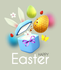 Wall Mural - Easter poster template with flowers, eggs, gift box and bunny. Holiday design.