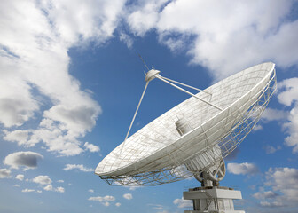 3d model of a parabolic antenna for transmitting and receiving information against the background of a cloudy sky