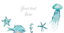 Watercolor Blue Sea Creatures Border. Watercolour Illustration Isolated On White Background.
