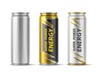 Energy drink can design. Realistic disposable metallic beverage containers. Different colors aluminum packaging mockup. Isolated 3D blank metal bottle. Vector white and black packages set