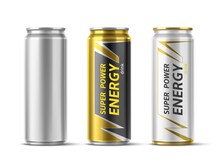 Energy drink can design. Realistic disposable metallic beverage containers. Different colors aluminum packaging mockup. Isolated 3D blank metal bottle. Vector white and black packages set