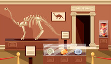 Empty Museum Room With Skeleton Dinosaur Exhibit Concept. Vector Flat Cartoon Graphic Design Illustration
