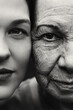 Close face of grandmother and granddaughter. They look at the camera.