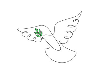 Wall Mural - Peace dove with green olive branch in One continuous line drawing. Bird and twig symbol of peace and freedom in simple linear style. Pigeon icon. Doodle vector illustration