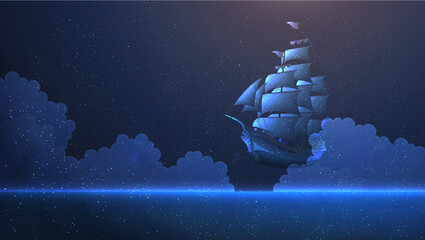 sailboat above the clouds and night sea landscape