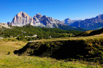 Wall Mural - Scenic landscape of Giau Pass or Passo di Giau - 2236m. Mountain pass in the province of Belluno in Italy, Europe. Italian alpine landscape. Travel icon of the Dolomites