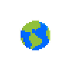 planet earth, 8 bit pixel art icon isolated on white background. old school vintage retro 80s, 90s s