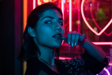 Cinematic Night Portrait Of Girl And Neon Lights	