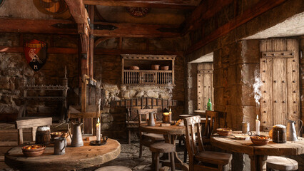 Poster - Dining tables in an old medieval fantasy tavern lit by daylight from windows. 3D rendering.