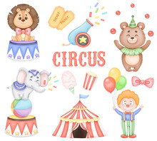 Set With Circus, Clown And Animals, Kids Clip Art