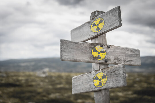 Wall Mural - Radioactive logo on wooden vintage signpost outdoors in nature. Ukraine and russia conflict concept.