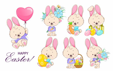 Sticker - Happy Easter. Funny cartoon character rabbit