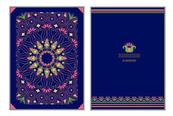 Wall Mural - Set of two Flower mandala cards on blue background