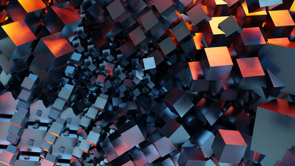 metal cubes explosion square shapes and red light modern graphic background 3D illustration