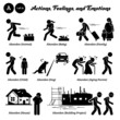 Stick figure human people man action, feelings, and emotions icons starting with alphabet A. Abandon and abandoned animal pet dog cat, baby child, family, aging parent, house and building project.