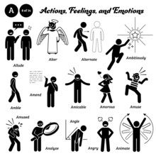 Stick Figure Human People Man Action, Feelings, And Emotions Icons Starting With Alphabet A. Allude, Alter, Alternate, Ambitiously, Amble, Amend, Amicable, Amorous, Amuse, Analyzed, Angry And Animate.