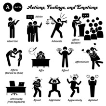 Stick Figure Human People Man Action, Feelings, And Emotions Icons Starting With Alphabet A. Advertise, Advise, Advocate, Affirm, Affix Sign, Afford, Affectionate, AFK, Afraid, Aggressive, Agitated.