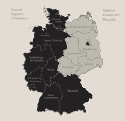 Wall Mural - Black map of Germany map divided on West and East Germany with names of regions, design blackboard vector