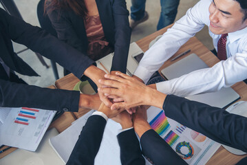 Wall Mural - Diverse multiethnic Partners hands together teamwork group of multiracial people meeting join hands togetherness. Diversity people hands join empower partnership teams connection volunteer community