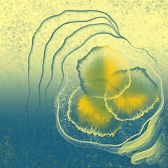Abstract geometric pattern with gradient background, yellow and blue stains and splashes in digital fluid art technique 