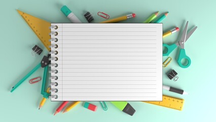 School supplies. Back to school background. 3D Render.