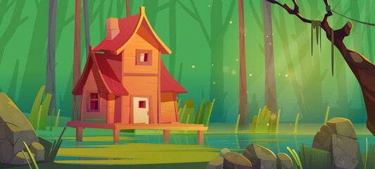 Wall Mural - Wooden stilt house at forest swamp. Old shack stand on piles in wood quag, Abandoned witch hut, game background, fantasy mystic nature landscape with cottage on deep marsh, Cartoon vector illustration