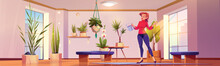 Woman Waters Plants At Home. Girl Takes Care Of Houseplants In Pots. Vector Cartoon Illustration Of Room Or Greenhouse Interior With Flowers, Orchid, Tree And Person With Watering Can