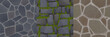 © klyaksun - Game stone textures, seamless patterns of pavement, wall with rocks ivy or floor tiles top view. Textured natural backgrounds, realistic cobblestone surface, 2d ui or gui graphics, Vector layers set