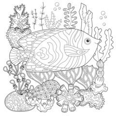 Wall Mural - Contour linear illustration. Fish, seaweeds and ocean corals for coloring book. Cute objects, anti stress picture. Line art design for adult or kids in zentangle style and coloring page.