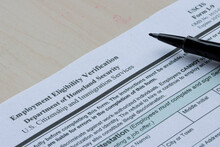 Closeup Of Form I-9, Employment Eligibility Verification, Issued By The U.S. Citizenship And Immigration Services, An Agency Of The Department Of Homeland Security.