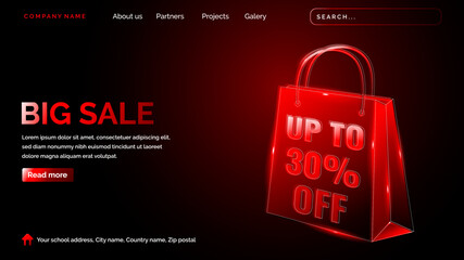 Big sale landing page with technology hologram style in dark background
