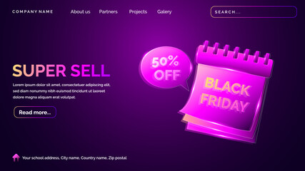 Black friday landing page with technology hologram style in dark background