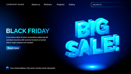 Black friday landing page with technology hologram style in dark background