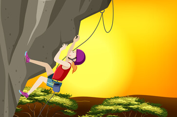 Poster - Rock climbing scene with woman climbing at sunset