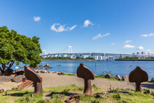 Japan, Kanto Region, Tokyo, Rusty Anchors On Shore Of Tokyo Bay With Rainbow Bridge In Background