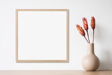 Blank Picture Frame Mockup On White Wall, Template For Square Artwork. View Of Modern Minimal Style Interior With Canvas For Painting Or Photo On Wall. Minimalism Concept