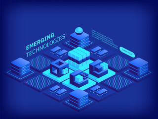 Wall Mural - Emerging technologies concept. Abstract cubes shapes design composition. Futuristic digital innovation and cyberspace. Scientific discoveries and high tech. Vector illustration in isometric view