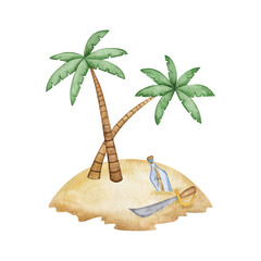 Treasure island cartoon illustration. Tropical island with palm tree, bottle with treasure map and pirate sword. Clipart isolated on white background. Kids illustartion