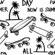 Skate park doodle pattern. Seamless background with skateboards, palms and summer texts. Black line sketch art icon. Cute cartoon kids teens design.