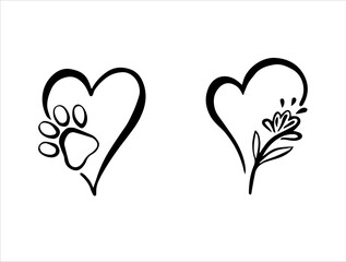 Wall Mural - Heart paw and heart rose flower. Black line doodle love logo. Vector tattoo outline illustration. Nature monochrome line art design. Hand drawn simple linear art