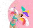 © master1305 - Contemporary art collage with adorable happy woman wearing drawn colorful carnival costume on abstract background. Concept of festival, holidays, art, fashion