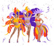 © master1305 - Three excited, slim girls wearing drawn colorful carnival costumes on abstract background. Concept of festival, holidays, art, fashion