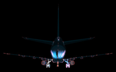  Airliner consists of luminous lines. Transport and technology concept