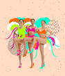 © master1305 - Three excited, slim girls wearing drawn colorful carnival costumes on abstract background. Concept of festival, holidiays, art, fashion