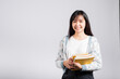 © sorapop - Woman teen smiling holding and hug embrace favorite book for lover, Portrait of beautiful Asian young female person teacher studio shot isolated on white background, education concept