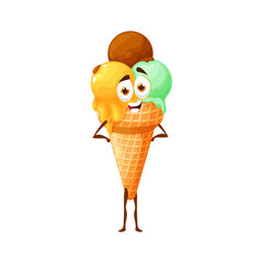 Wall Mural - Emoticon ice cream lemon, mint and chocolate scoops in waffle cone isolated funny cartoon character. Vector kawaii summer dessert, creamy fruity ice-cream balls in wafer cone. Fastfood cute emoji